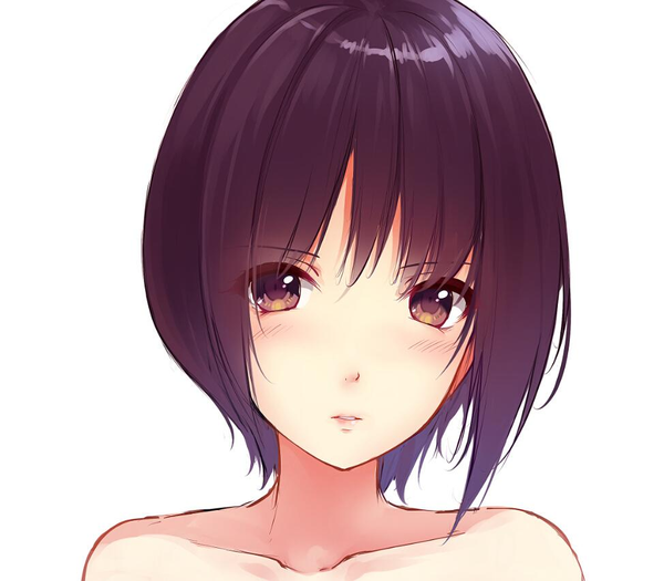 Anime picture 974x853 with original caidychen single looking at viewer blush fringe short hair simple background white background bare shoulders brown eyes purple hair parted lips lips embarrassed portrait topless girl
