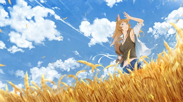 Anime picture 2000x1126 with original somehira katsu single long hair fringe highres breasts blue eyes smile wide image standing holding animal ears looking away wind lips orange hair open clothes from below looking up