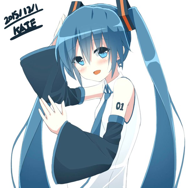 Anime picture 1000x1000 with vocaloid hatsune miku kaie single looking at viewer blush fringe open mouth blue eyes simple background smile hair between eyes white background twintails signed blue hair upper body very long hair wide sleeves tattoo