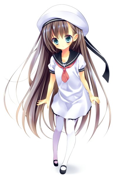 Anime picture 810x1200 with original nametakenoko single long hair tall image looking at viewer blush blue eyes black hair simple background white background girl dress beret sailor suit