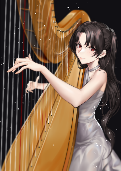 Anime picture 1056x1486 with fate (series) fate/grand order fate/stay night toosaka rin yagitome87 single long hair tall image looking at viewer blush fringe black hair simple background hair between eyes red eyes bare shoulders sleeveless black background playing instrument alternate eye color