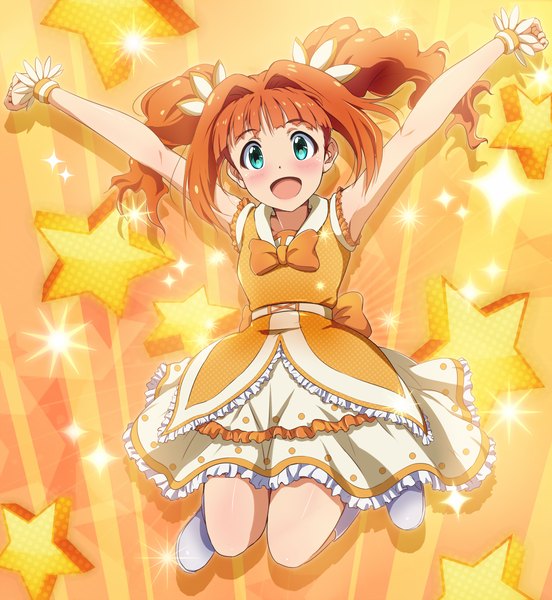 Anime picture 1105x1200 with idolmaster takatsuki yayoi hina (araburu-hinadori) single long hair tall image blush open mouth smile twintails bent knee (knees) :d aqua eyes orange hair armpit (armpits) drill hair spread arms jumping starry fairy girl