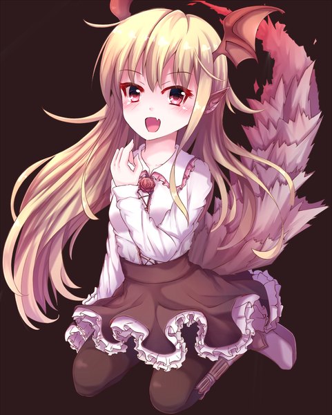 Anime picture 1000x1246 with shingeki no bahamut granblue fantasy vampy sumioo (sumikko no ousama) single long hair tall image looking at viewer blush fringe open mouth simple background blonde hair red eyes sitting payot ahoge tail long sleeves pointy ears