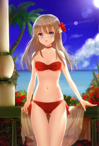 Anime picture 1167x1724 with original takeuchi aya single long hair tall image looking at viewer blue eyes brown hair bare shoulders sky cloud (clouds) hair flower girl navel hair ornament flower (flowers) swimsuit bikini red bikini