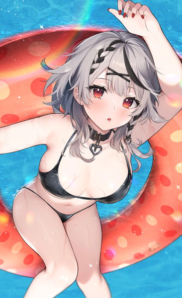 Anime picture 3160x5184 with virtual youtuber hololive sakamata chloe haru (re ilust) single tall image looking at viewer blush highres short hair breasts open mouth light erotic black hair red eyes large breasts absurdres silver hair braid (braids) nail polish