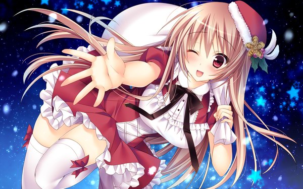 Anime picture 1920x1200 with lautes alltags sorai shin'ya single long hair looking at viewer blush highres open mouth blonde hair red eyes one eye closed wink fur trim girl thighhighs dress hat white thighhighs star (symbol) fur