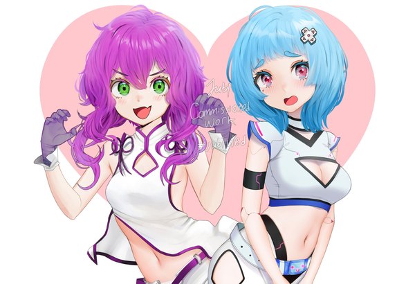 Anime picture 2048x1399 with original isabelle (acerailgun) alpha (acerailgun) jubi (regiana) long hair looking at viewer fringe highres short hair breasts open mouth simple background smile hair between eyes red eyes white background multiple girls green eyes signed blue hair