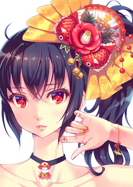 Anime picture 744x1044 with original nishimura eri single long hair tall image looking at viewer black hair simple background red eyes white background nail polish hair flower side ponytail red nail polish hair bell nail art multicolored nail polish orange nail polish girl hair ornament