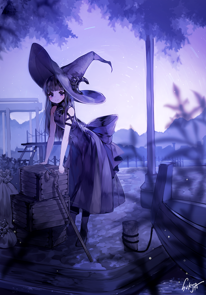 Anime picture 700x1000 with original sorolp single long hair tall image looking at viewer blush blue eyes black hair smile signed depth of field dark background witch girl bow plant (plants) hat witch hat staff