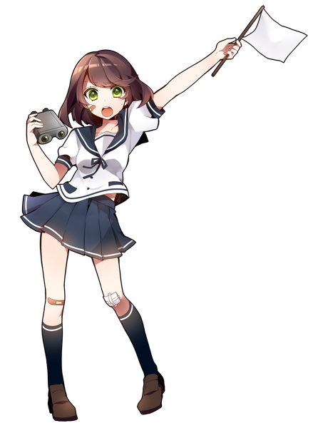 Аниме картинка 1098x1500 с оригинальное изображение sakura yuki (clochette) один (одна) высокое изображение смотрит на зрителя короткие волосы открытый рот каштановые волосы зелёные глаза прозрачный фон девушка носки сэрафуку носки (чёрные) флаг бинокль