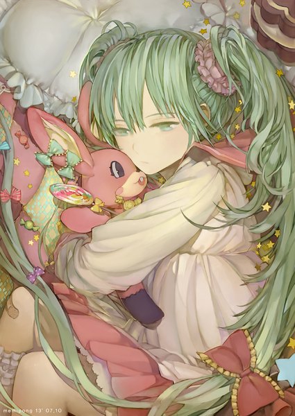 Anime picture 645x911 with vocaloid lol -lots of laugh- (vocaloid) hatsune miku memipong single tall image fringe hair between eyes twintails green eyes signed looking away lying very long hair green hair hug dated bandaid on leg bandaid on knee girl