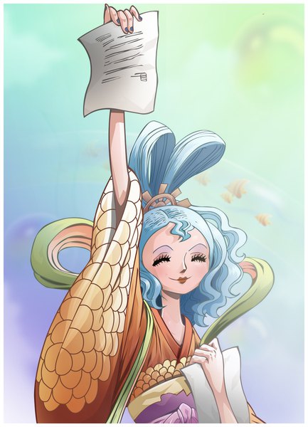 Anime picture 1082x1500 with one piece toei animation otohime (one piece) choparini single long hair tall image smile holding blue hair eyes closed nail polish traditional clothes japanese clothes arm up fingernails lipstick border underwater eyeshadow