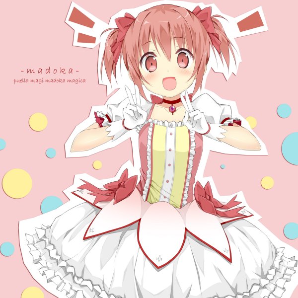 Anime picture 1200x1200 with mahou shoujo madoka magica shaft (studio) kaname madoka sky-freedom single blush short hair open mouth red eyes twintails pink hair short twintails victory girl dress gloves bow hair bow