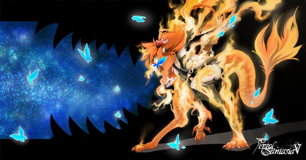 Anime picture 1500x787 with original pixiv fantasia pixiv fantasia v cyamuji (artist) long hair light erotic wide image yellow eyes tail horn (horns) pointy ears orange hair torn clothes girl insect butterfly fire flame