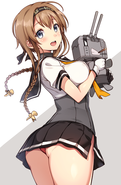 Anime picture 1159x1771 with kantai collection teruzuki destroyer chou-10cm-hou-chan (teruzuki's) kat (bu-kunn) single long hair tall image blush breasts open mouth light erotic simple background brown hair large breasts holding looking away braid (braids) :d pantyshot twin braids