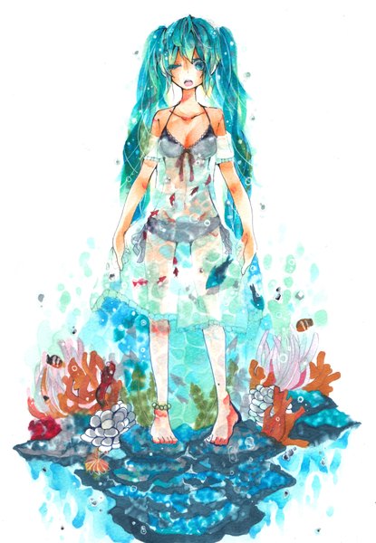 Anime picture 2622x3792 with vocaloid hatsune miku bottle miku ujii single long hair tall image looking at viewer highres twintails bare shoulders absurdres one eye closed barefoot aqua eyes wink aqua hair traditional media watercolor (medium) liquid hair