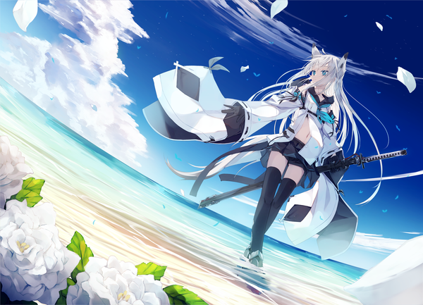 Anime picture 1888x1363 with azur lane kawakaze (azur lane) nagishiro mito single long hair looking at viewer fringe highres blue eyes standing animal ears sky cloud (clouds) outdoors white hair tail animal tail wind wide sleeves fox ears