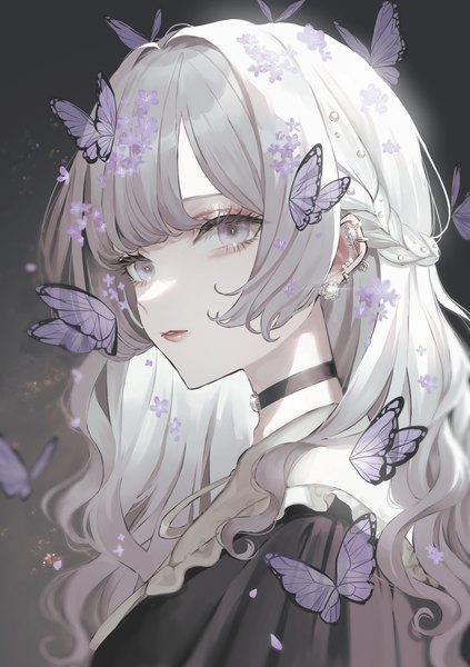 Anime picture 1500x2128 with original yumeno yume single long hair tall image looking at viewer fringe simple background upper body blunt bangs braid (braids) parted lips hair flower grey hair sparkle piercing ear piercing dark background wavy hair silver eyes