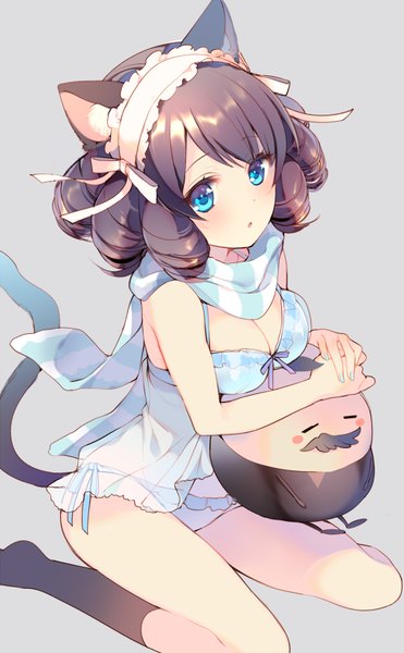 Anime picture 510x823 with show by rock!! studio bones cyan (show by rock!!) mayachi (amuriya) single tall image blush fringe short hair breasts blue eyes light erotic black hair simple background large breasts sitting animal ears looking away tail animal tail