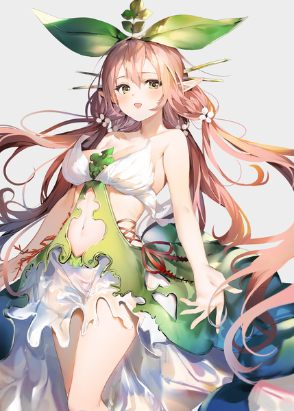 Anime picture 1954x2735 with granblue fantasy yggdrasil (granblue fantasy) umibouzu (niito) single long hair tall image looking at viewer blush fringe highres breasts open mouth light erotic simple background hair between eyes standing twintails bare shoulders yellow eyes pink hair