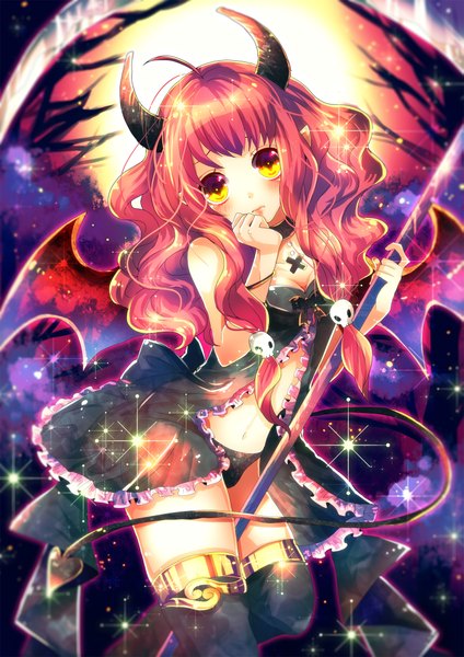 Anime picture 1447x2046 with original sazanami shione single long hair tall image looking at viewer blush yellow eyes cleavage red hair horn (horns) demon girl demon tail demon wings lightning succubus girl thighhighs navel black thighhighs