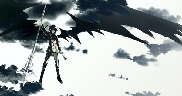 Anime picture 1600x850 with owari no seraph wit studio hyakuya yuuichirou rozy single short hair black hair wide image holding looking away sky cloud (clouds) full body ahoge outstretched arm flying black wings military boy uniform