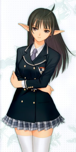 Anime picture 1678x3356 with tony taka single long hair tall image black hair brown eyes pointy ears girl thighhighs uniform school uniform white thighhighs