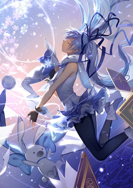 Anime picture 636x900 with vocaloid hatsune miku yuki miku yuki miku (2014) ask (askzy) single tall image twintails holding full body very long hair profile fingernails aqua hair sleeveless magic jumping glow girl dress