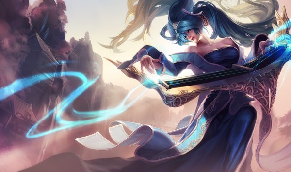 Anime picture 1215x717 with league of legends sona buvelle shilin single long hair blue eyes smile wide image bare shoulders blue hair sky ponytail girl dress hair ornament building (buildings) blue dress
