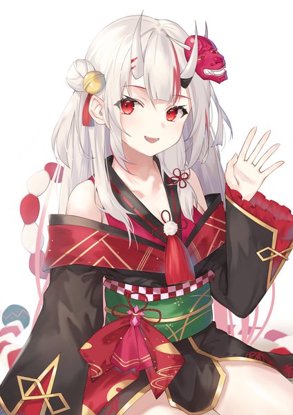 Anime picture 2894x4093 with virtual youtuber hololive nakiri ayame nakiri ayame (1st costume) motota single long hair tall image looking at viewer highres open mouth simple background red eyes white background sitting silver hair :d horn (horns) oni horns waving