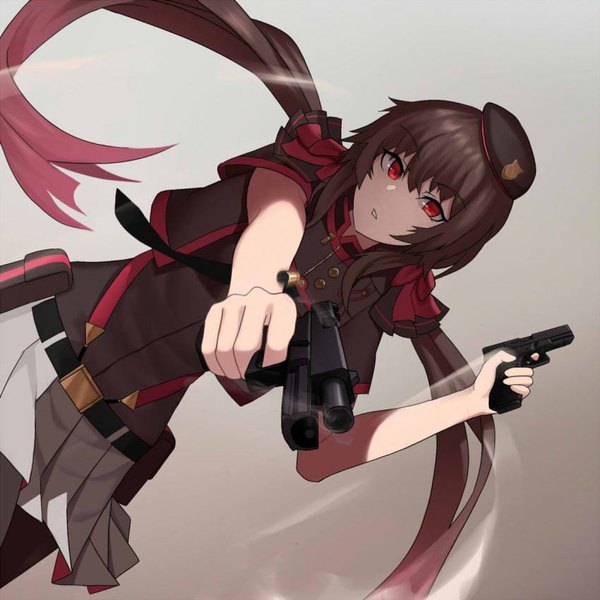 Anime picture 850x850 with girls frontline glock 17 (girls frontline) cero (last2stage) single long hair fringe simple background hair between eyes red eyes brown hair twintails holding parted lips pleated skirt gradient background dual wielding casing ejection girl skirt uniform