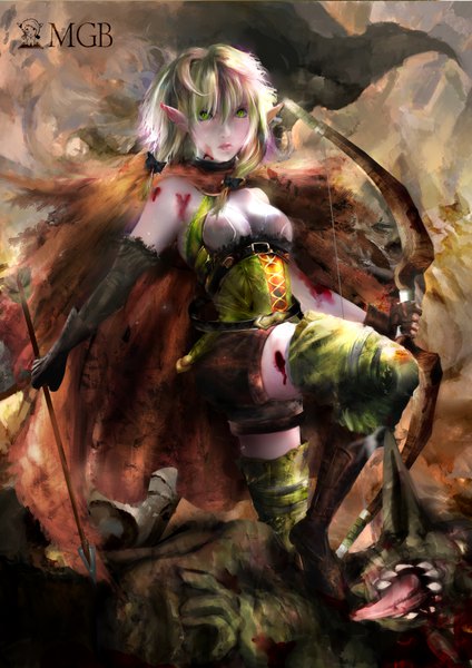 Anime-Bild 4677x6614 mit goblin slayer! high elf archer (goblin slayer!) saniamgb single tall image looking at viewer fringe highres short hair breasts hair between eyes standing holding green eyes signed absurdres bent knee (knees) multicolored hair green hair pointy ears