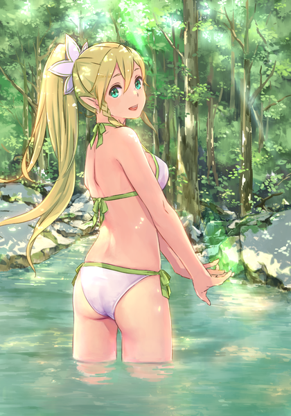 Anime picture 840x1200 with sword art online a-1 pictures leafa kishida nica single long hair tall image looking at viewer open mouth light erotic blonde hair green eyes ponytail braid (braids) looking back pointy ears twin braids elf girl swimsuit