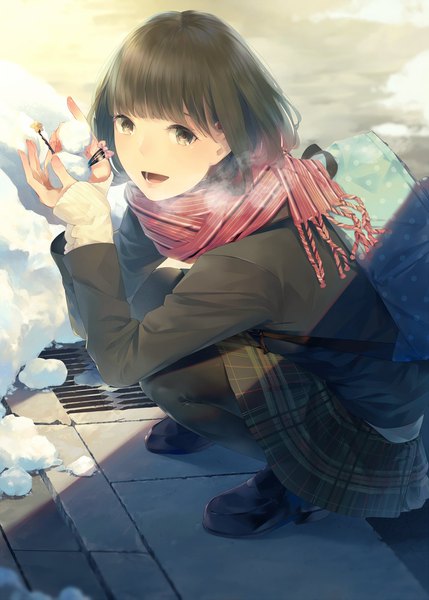 Anime picture 1358x1900 with original sousou (sousouworks) single tall image looking at viewer fringe short hair open mouth black hair sitting brown eyes blunt bangs :d from above shadow winter snow squat exhalation girl