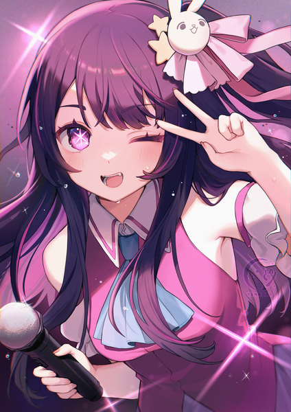 Anime picture 1153x1631 with oshi no ko hoshino ai (oshi no ko) yenkoes single long hair tall image looking at viewer open mouth purple eyes purple hair upper body sweat symbol-shaped pupils victory ;d girl hair ornament microphone ascot star hair ornament