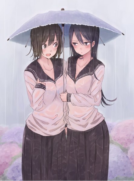 Anime picture 1193x1609 with original rutchifu long hair tall image blush fringe short hair breasts open mouth black hair brown hair large breasts standing multiple girls holding pleated skirt grey eyes wet clothes eye contact shared umbrella