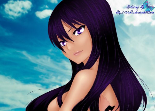 Anime picture 1500x1075 with fairy tail ultear milkovich iriskis single long hair smile purple eyes sky purple hair cloud (clouds) looking back lips lipstick coloring girl