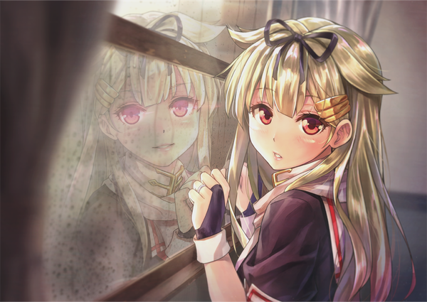 Anime picture 1400x992 with kantai collection yuudachi destroyer kotatsu (kotatsu358) single long hair looking at viewer blush fringe blonde hair smile red eyes upper body indoors parted lips short sleeves reflection remodel (kantai collection) different reflection girl gloves