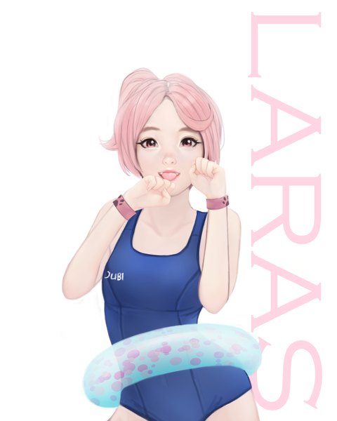 Anime picture 2400x3000 with original laras (jubi) jubi (regiana) single tall image looking at viewer highres short hair light erotic simple background white background signed pink hair pink eyes realistic fang (fangs) character names lipstick flat chest paw pose