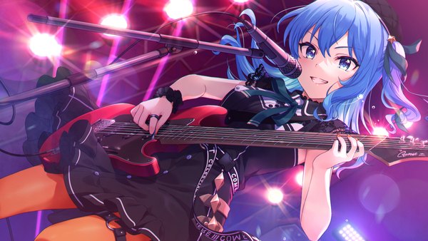 Anime picture 1344x756 with virtual youtuber hololive hoshimachi suisei hoshimachi suisei (3rd costume) mikami (mcm ncb) single long hair blue eyes smile wide image blue hair official art dutch angle grin one side up official alternate costume playing instrument girl pantyhose ring