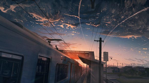 Anime picture 3840x2160 with original banishment highres wide image absurdres sky cloud (clouds) evening sunset no people landscape building (buildings) ground vehicle house power lines train train station