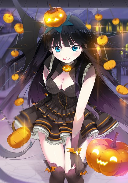 Anime picture 838x1200 with original pourelise single long hair tall image looking at viewer blush fringe breasts blue eyes black hair sky bent knee (knees) city light mountain halloween lacing bat wings licking