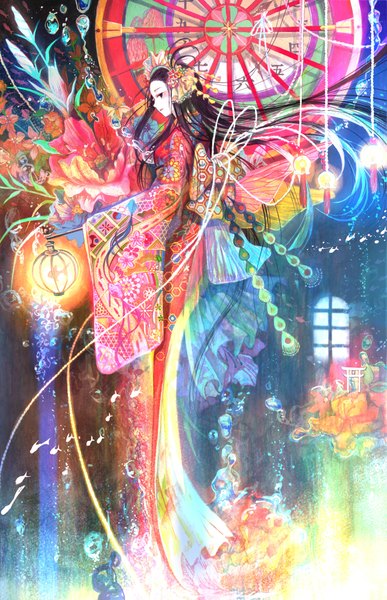 Anime picture 1435x2221 with original fuzichoco long hair tall image black hair japanese clothes profile insect wings butterfly wings girl hair ornament flower (flowers) plant (plants) headdress window kimono fish (fishes) lantern