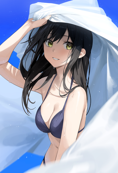 Anime picture 2401x3508 with original star741 single long hair tall image looking at viewer blush fringe highres breasts black hair simple background smile standing holding green eyes cleavage upper body parted lips arm up