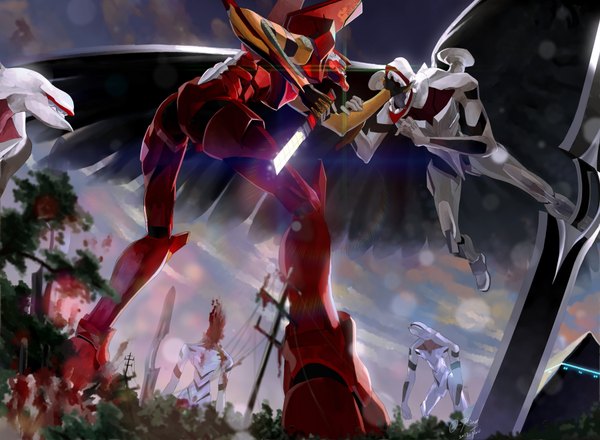Anime picture 1800x1320 with neon genesis evangelion rebuild of evangelion evangelion: 2.0 you can (not) advance end of evangelion gainax eva 02 highres signed sky cloud (clouds) teeth grin fighting stance sharp teeth battle giant bite weapon plant (plants) sword
