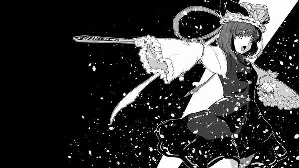 Anime picture 1920x1080 with touhou shikieiki yamaxanadu sunatoshi single looking at viewer fringe highres short hair open mouth simple background wide image wide sleeves black background monochrome outline girl dress petals headdress rod of remorse
