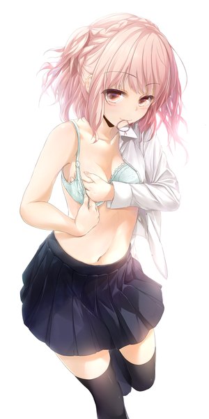 Anime picture 600x1200 with original wingheart single tall image blush highres short hair light erotic simple background smile white background bare shoulders holding pink hair braid (braids) pink eyes open clothes open shirt mouth hold undressing