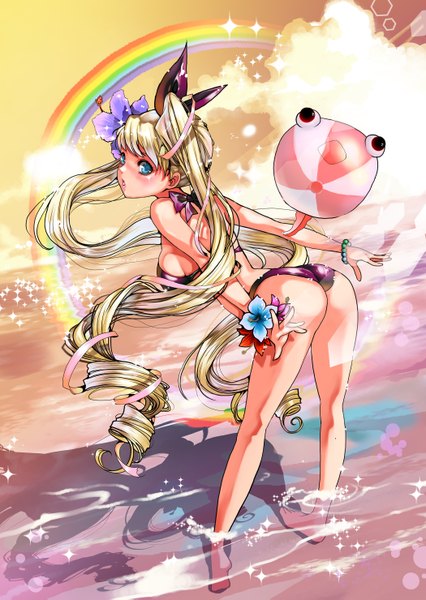 Anime picture 2100x2958 with original chushengdao single tall image looking at viewer blush highres open mouth blue eyes light erotic blonde hair cloud (clouds) ass very long hair hair flower shadow drill hair girl hair ornament flower (flowers)