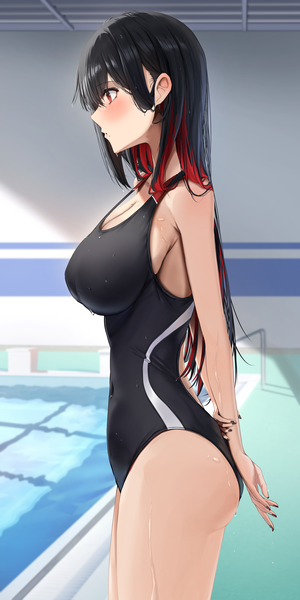 Anime picture 2000x4000 with original amane sora single long hair tall image blush fringe highres breasts light erotic black hair hair between eyes red eyes large breasts standing looking away cleavage indoors nail polish profile