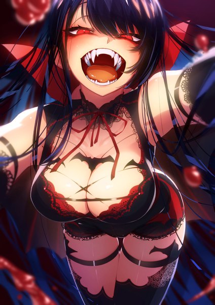 Anime picture 1063x1505 with original cluseller single long hair tall image looking at viewer fringe breasts open mouth light erotic black hair hair between eyes red eyes large breasts standing cleavage pointy ears blurry teeth fang (fangs)